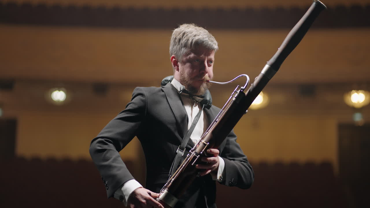 재능있는 뮤지션은 심포니 오케스트라의 저녁 리허설에서 뮤직홀의 장면에서 바소니를 연주하고 있습니다.