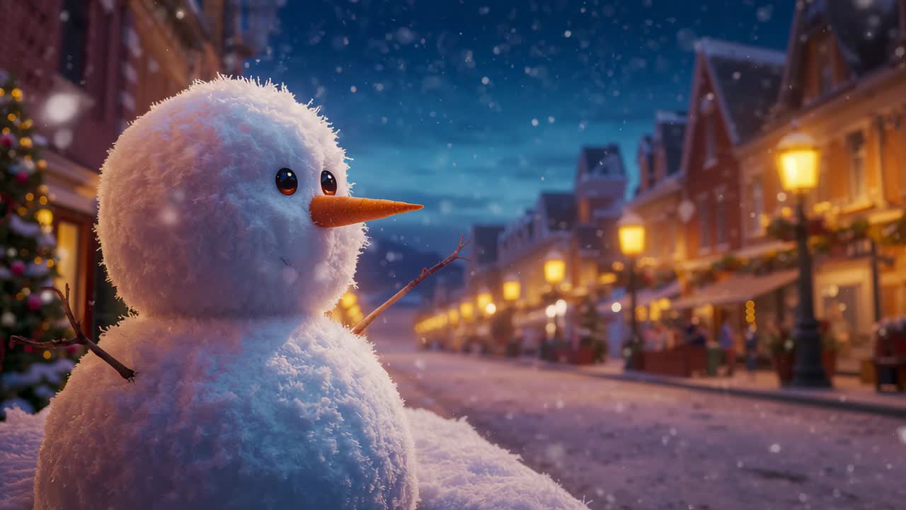 Drifting snowflakes dusting snowman on main street at dusk, streetlights glowing, copy space