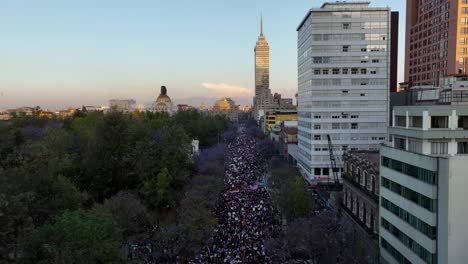 Aerial-view-of-a-feminist-protest-parade-in-Mexico-city,-during-sunset