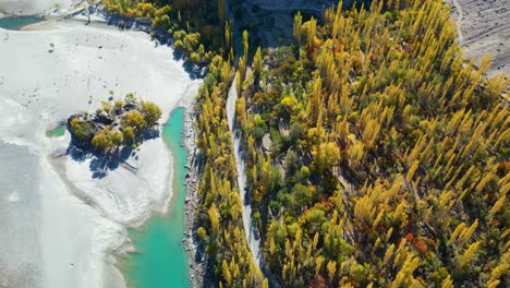 Top-shot-of-turquoise-water-flowing-through-Skardu-Valley-in-Pakistan-during-daytime