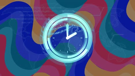 animación del escáner con el reloj sobre el globo y los datos, en rayas curvas