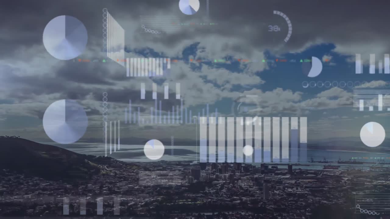 Animation of data processing with city in background