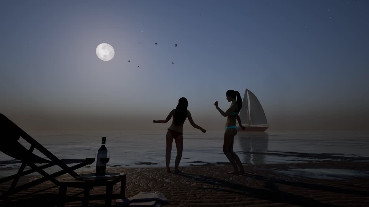 여름의 재미, 바가에서 비키니를 입고 춤을 추는 여성, 나무, 해파리, 배경에 항해 선박, 밤 시간, 3d 애니메이션, 카메라  아웃