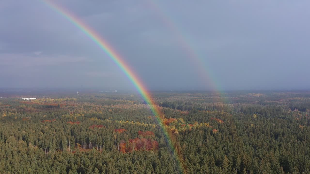 비가 그친 후 햇빛에 아름다운 무지개가 색의 기쁨을 보여줍니다.