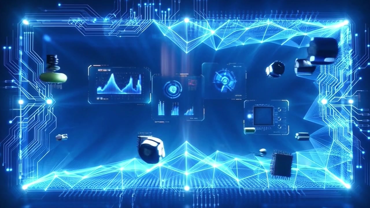 Digital Circuit Board Interface with Floating Electronic Components and Data Graphs