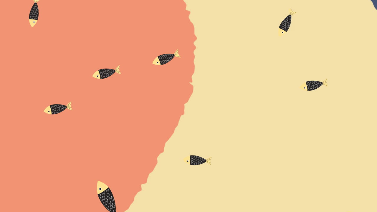 animación de peces nadando sobre fondo naranja y amarillo