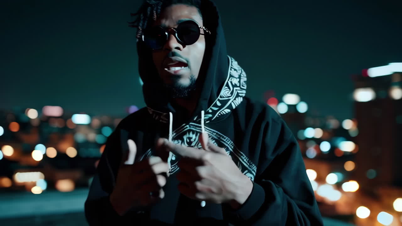 Man Performing on Rooftop at Night