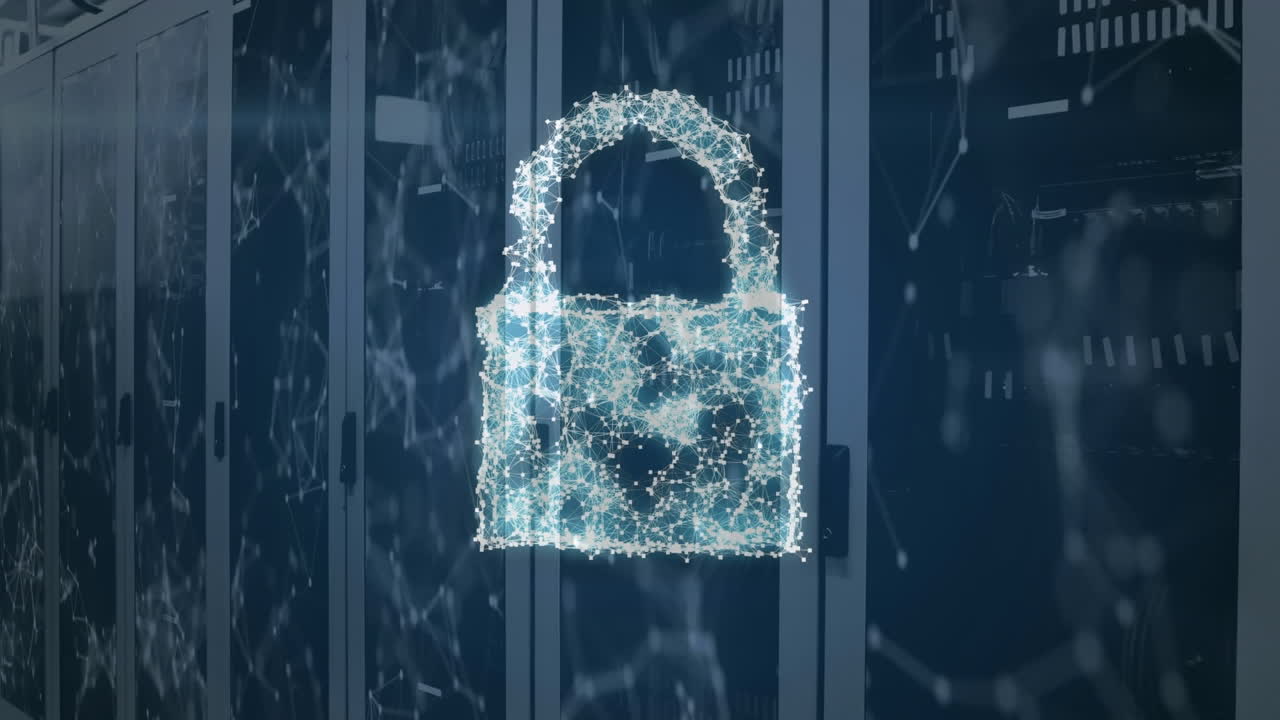 animación de la nube, el candado de seguridad, el icono del escudo y la red de conexiones contra la sala de servidores