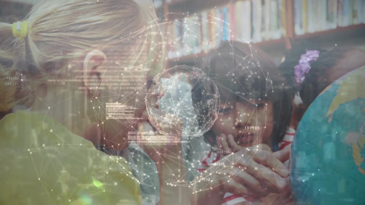 Woman placing globe and guiding children rotating it to learn geography with digital overlay