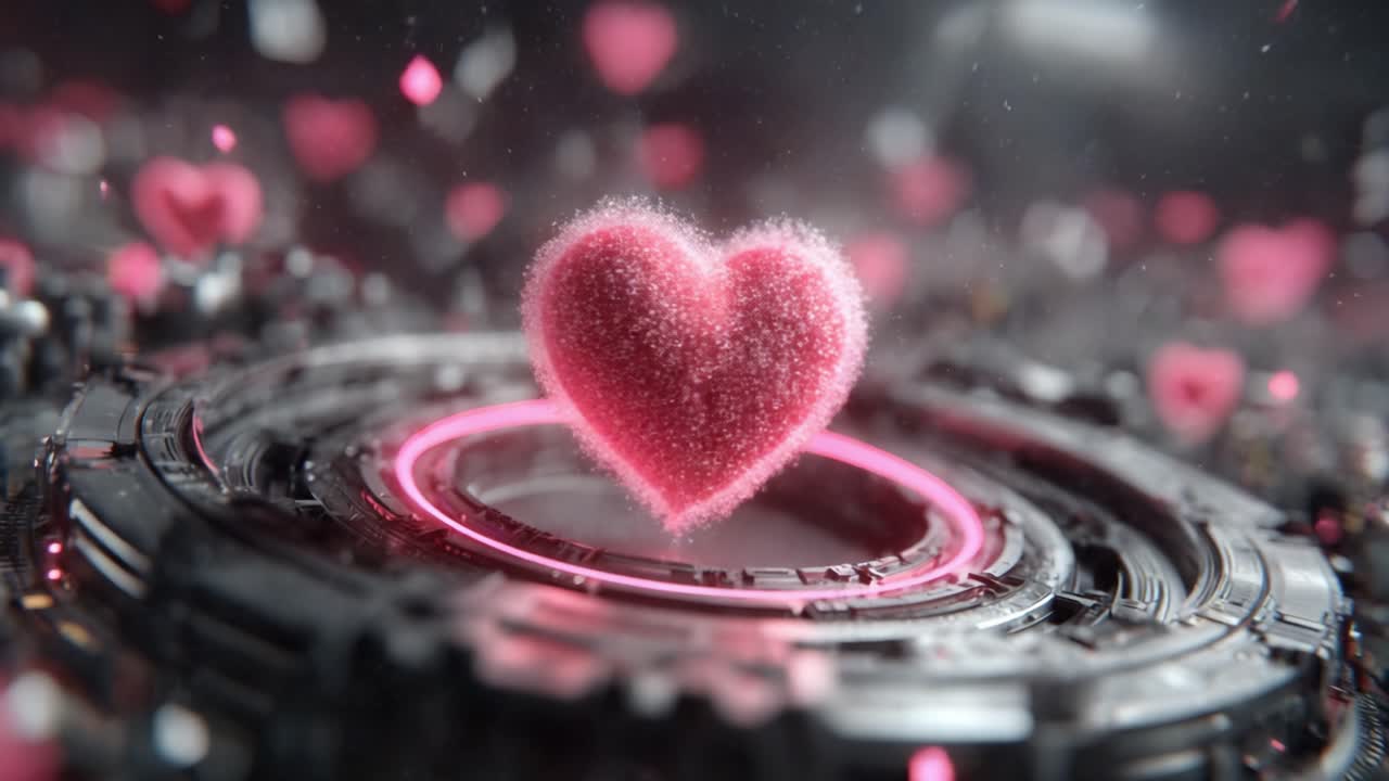 A Vibrant Heart Surrounded by a Whirl of Sparkling Particles and Futuristic Designs, Capturing the Essence of Love and Emotion in a Digital Realm