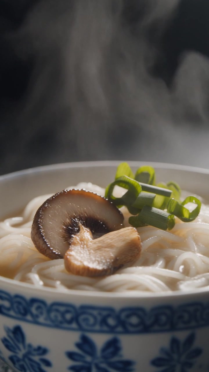 Ciotola fumante di zuppa di noodle asiatica calda con funghi
