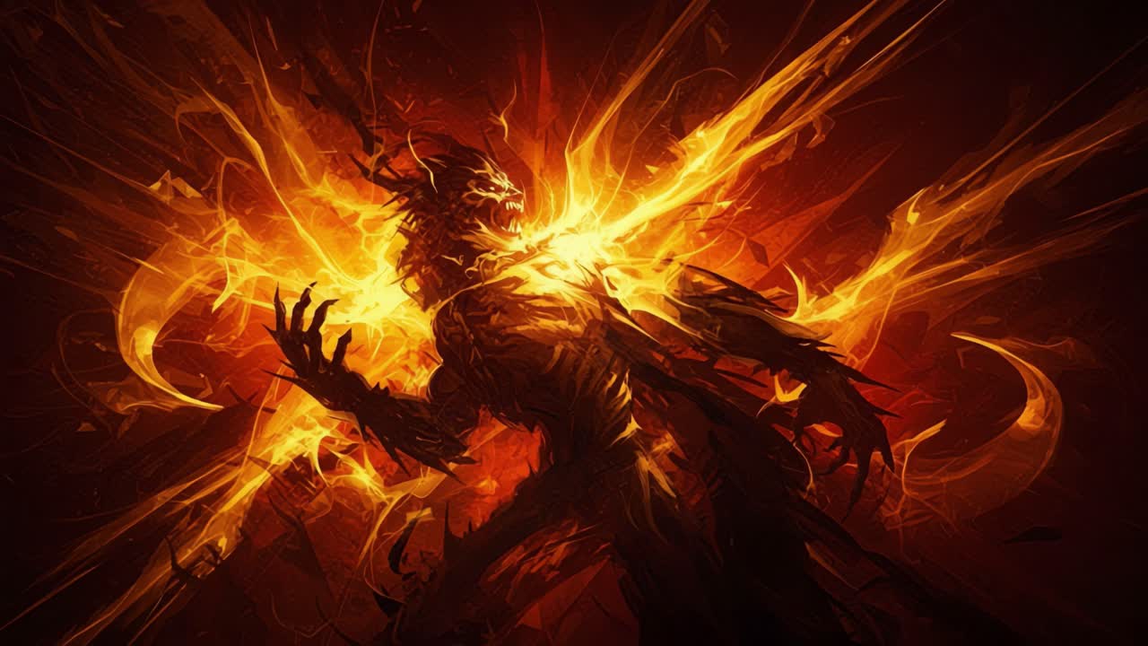 A Fiery Figure Emerges from Darkness, Radiating Intense Flames and Power, Symbolizing Transformation and Strength in an Epic Fantasy Setting