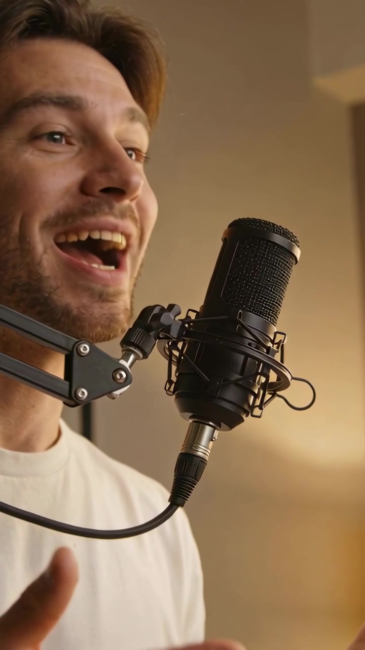 Vertikal video: Talende podcastvært i lys T-shirt starter optagelse i studie, bruger mikrofon og lampe.