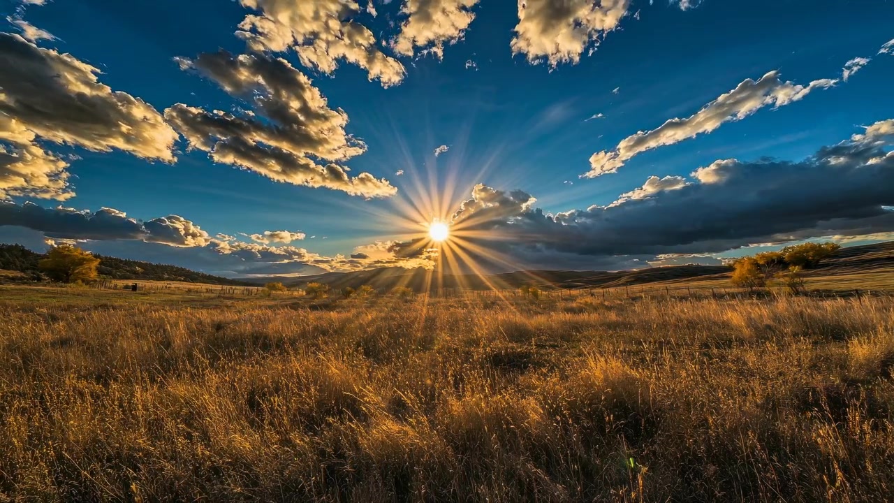 Atardecer dorado sobre un vasto paisaje de pradera