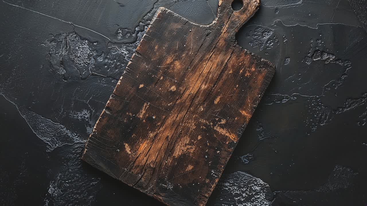 Rustikales Holzschneidbrett auf dunkler rustikaler Oberfläche