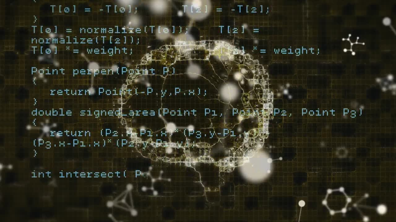 Animation of human brain and scientific data processing on dark background