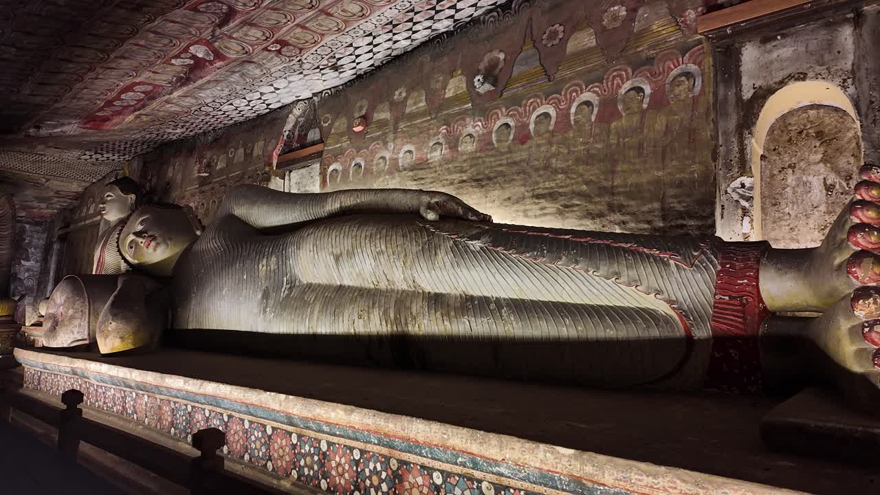 Serene and intricate design of a reclining Buddha statue inside the historic Dambulla Cave Temple in Sri Lanka, showcasing detailed craftsmanship and cultural heritage.