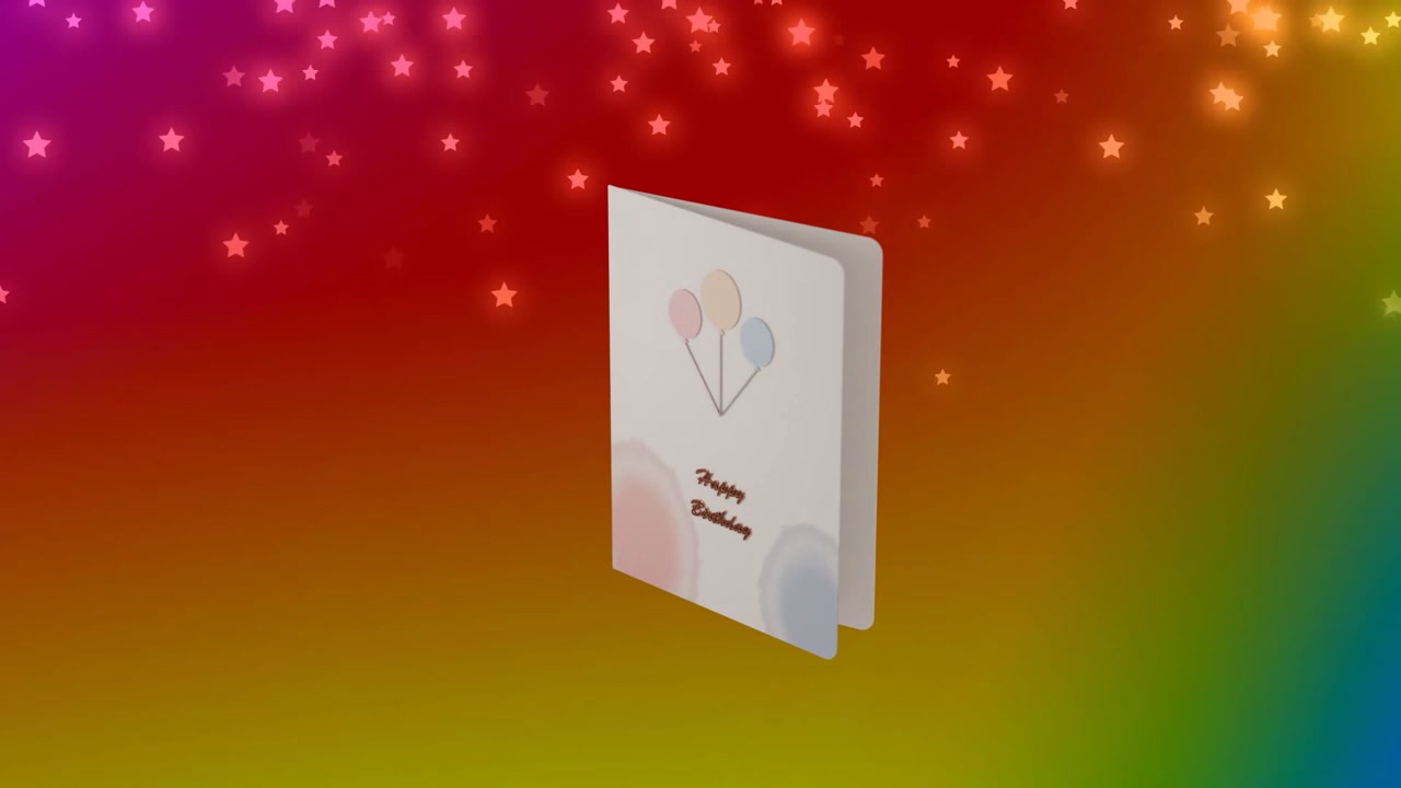 On animation start folded greeting card rotating and opening to reveal birthday interior panels
