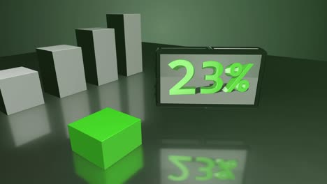 diagrama de barras 3d verde creciente con pantalla hasta el 68%