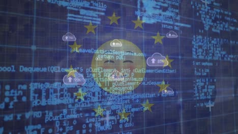 Animación-De-Datos-Diversos,-Nubes,-Emoticonos-Y-Bandera-De-La-Unión-Europea