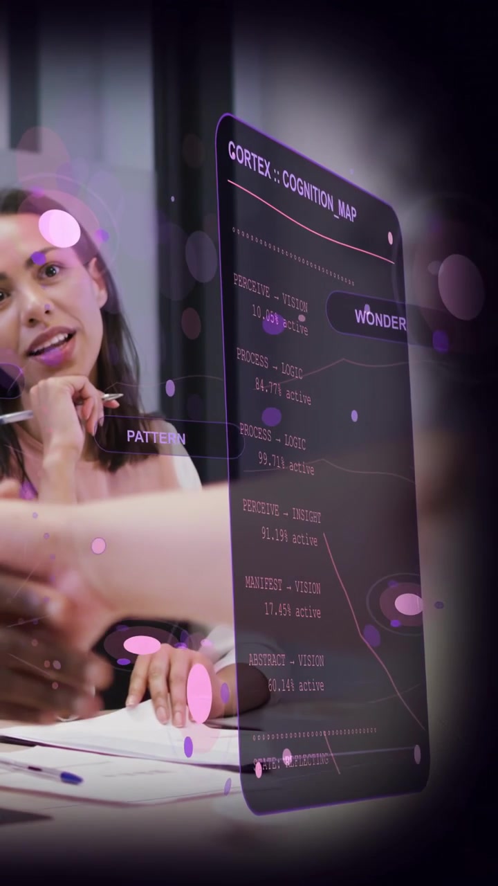 Vertical video: Biz woman holding pen scanning docs greeting peer as hand reaching, overlay framing