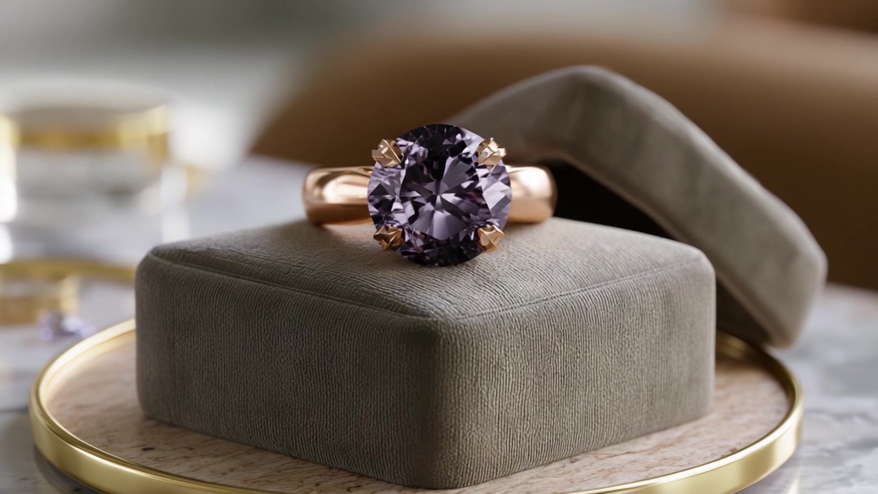 Squisito anello in oro rosa con una gemma viola accattivante, elegantemente posizionato su un lussuoso espositore per gli appassionati di gioielli e gli amanti della moda.