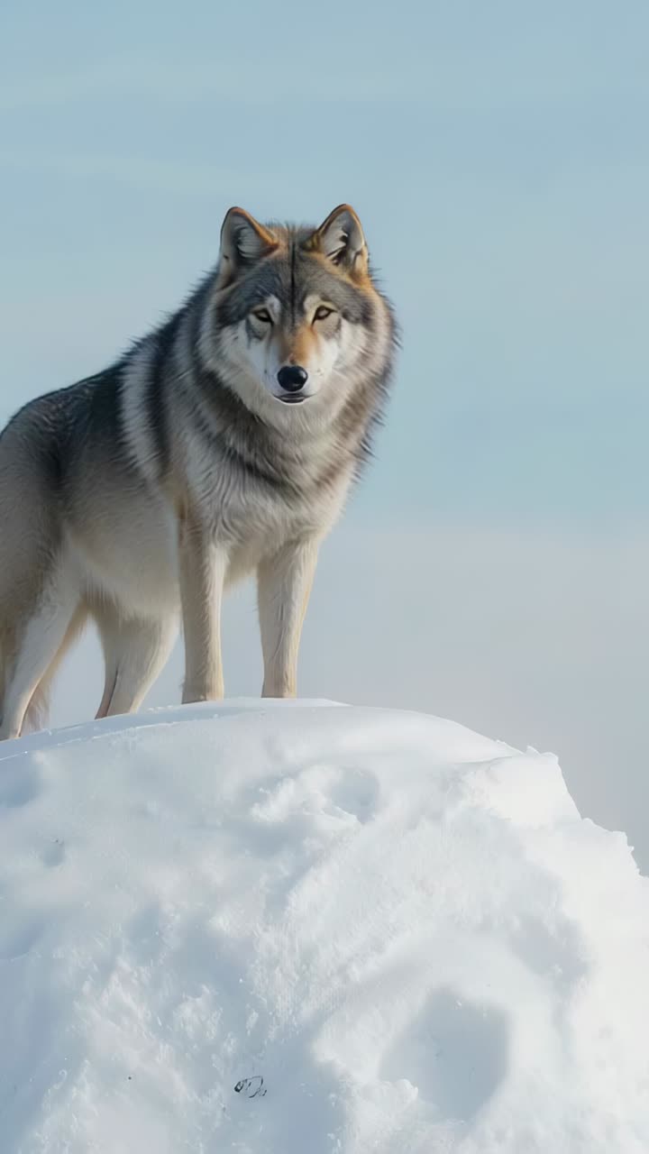 Vertical video: Detecting scent, adult gray wolf on snow mound sniffing paw prints, stepping right