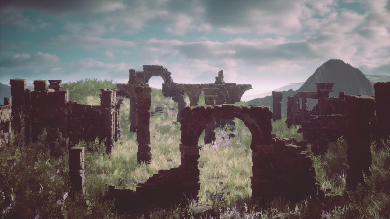 잔디 에 있는 고대 도시 의 폐허