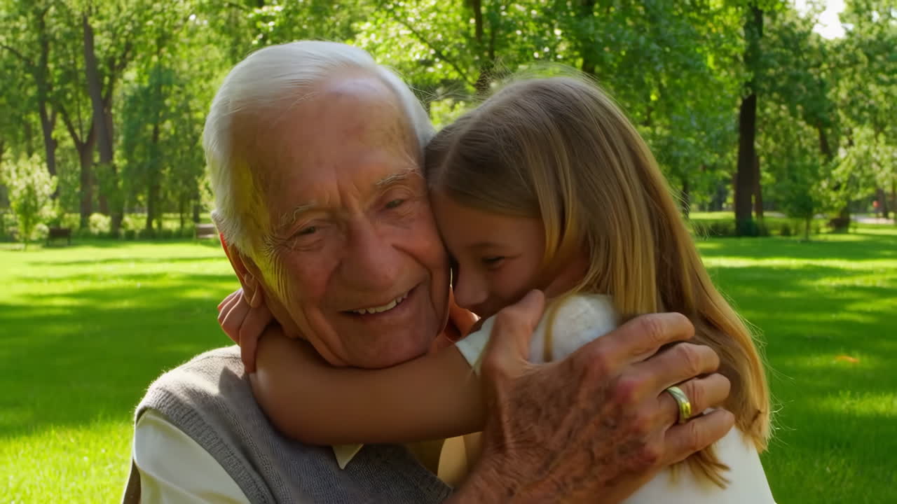 Nonno e nipote che si abbracciano in un parco