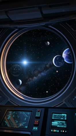 view of a solar system from a spaceship cockpit