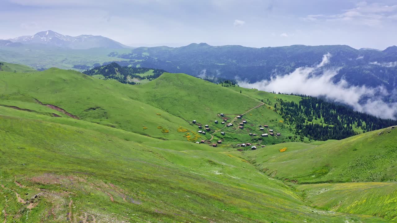 Volando su un passo di montagna in pendenza con pascoli verdi nella campagna montuosa della Georgia