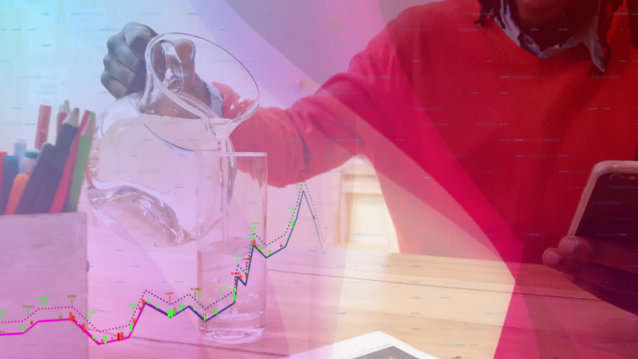 man pouring water from jug using smartphone at table, with animated candlestick chart for finance