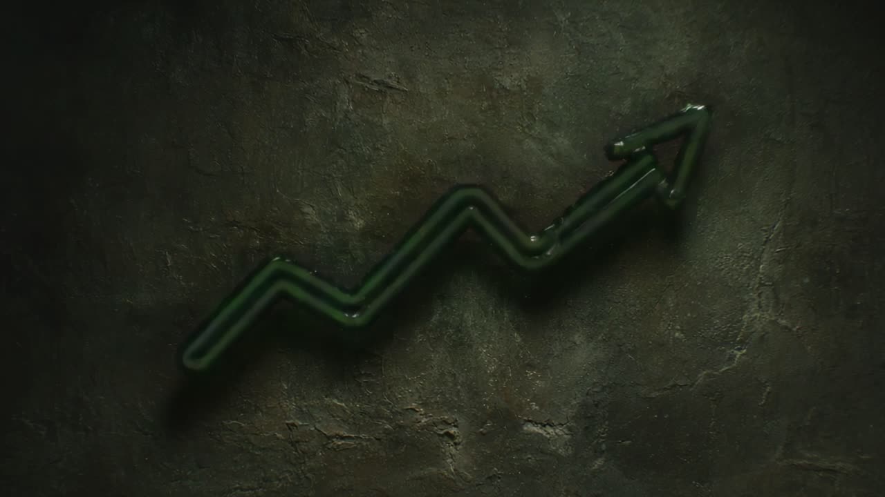A Vibrant Green Neon Arrow Representing Growth and Progress on a Dark Textured Background, Symbolizing Success and Positive Trends in Business and Life