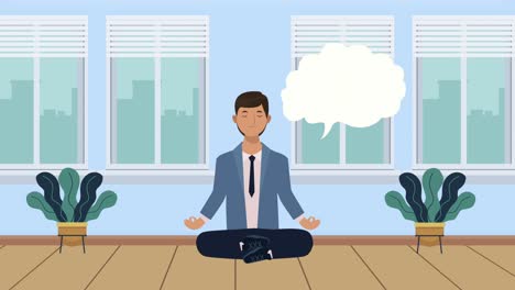 businessman practicing yoga with speech bubble indoor scene