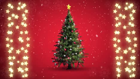 Christmas-tree-and-strings-of-fairy-lights-on-red-background