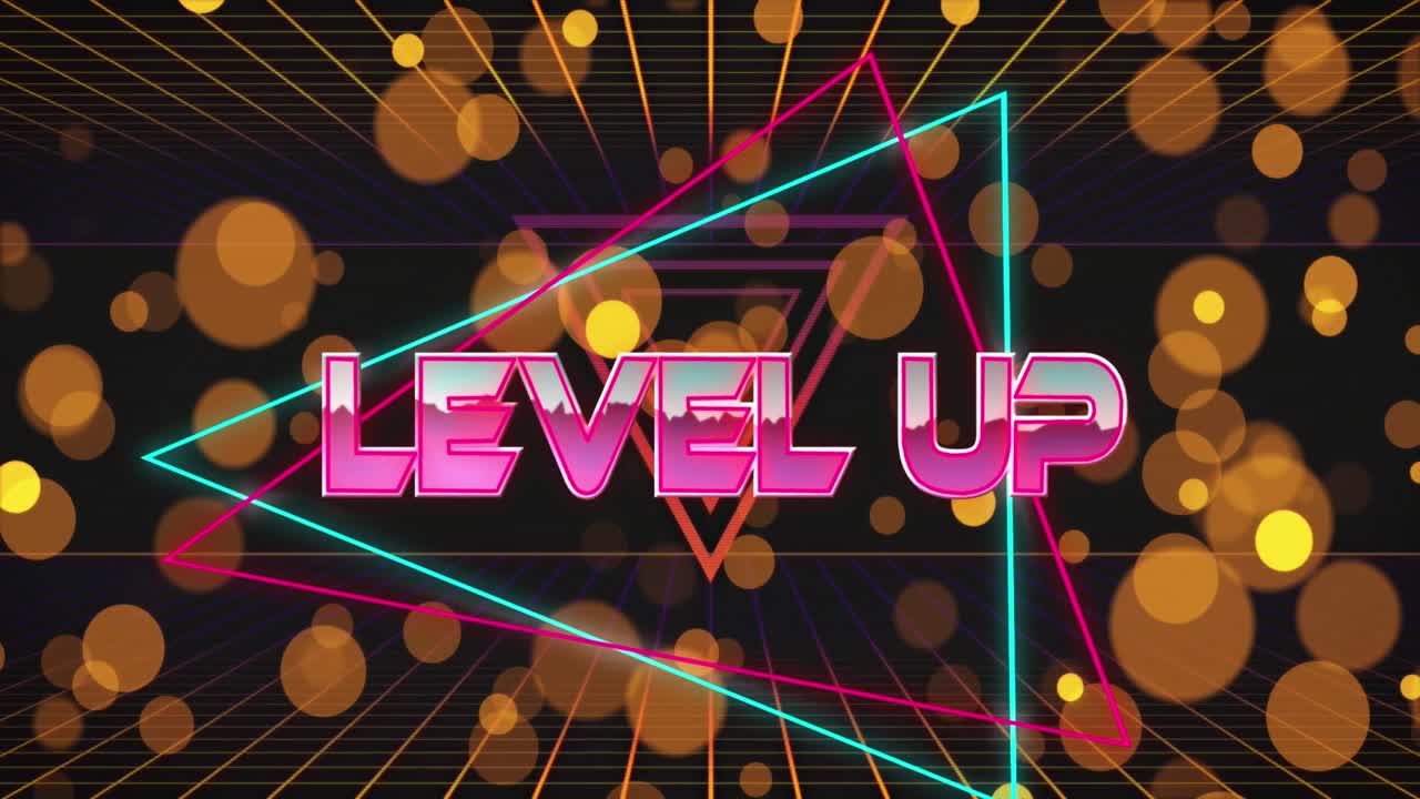 레벨 업 텍스트와 삼각형의 그리드 및 렌즈 플레어에 대한 애니메이션