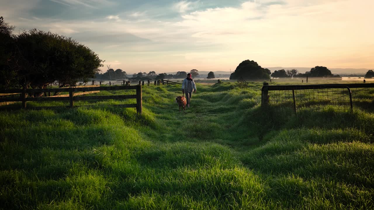 Mulher com dois cães caminhando em direção à câmera numa manhã gelada ao nascer do sol numa fazenda