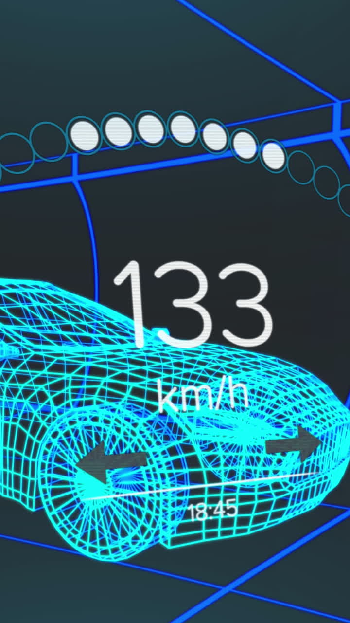 animación del velocímetro, el gps y los datos del estado de carga en la interfaz del vehículo, en un modelo de coche 3d