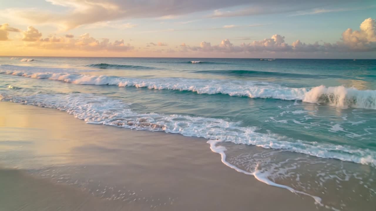Rolling turquoise waves cresting and washing onto sandy shoreline at sunrise, leaving footprints