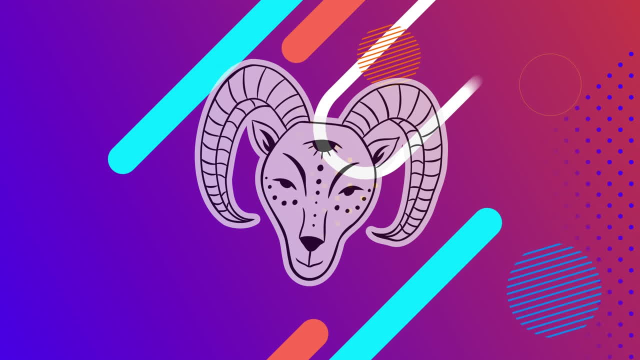 animación del símbolo del capricornio sobre un fondo violeta con diversas formas