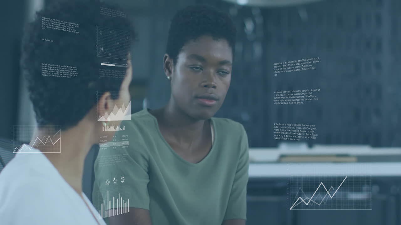Animation of financial data processing over diverse business people in office