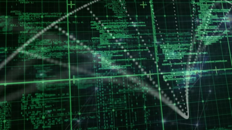 Animation of green grid and particles forming dna helix over processing green data, on black