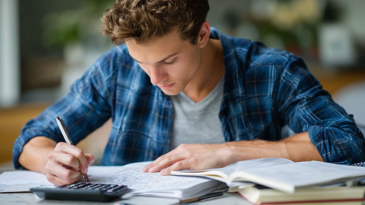 Focused Student Engaged in Study, Taking Notes with Calculator Surrounded by Textbooks and Notebooks in Brightly Lit Environment