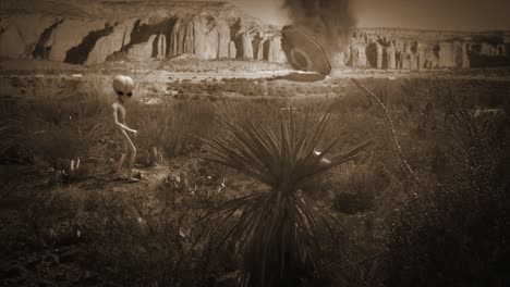 vfx shot of a classic roswell style flying saucer crashed in flames in the new mexico desert in the background, with a classic little grey alien watching on, in sepia color scheme