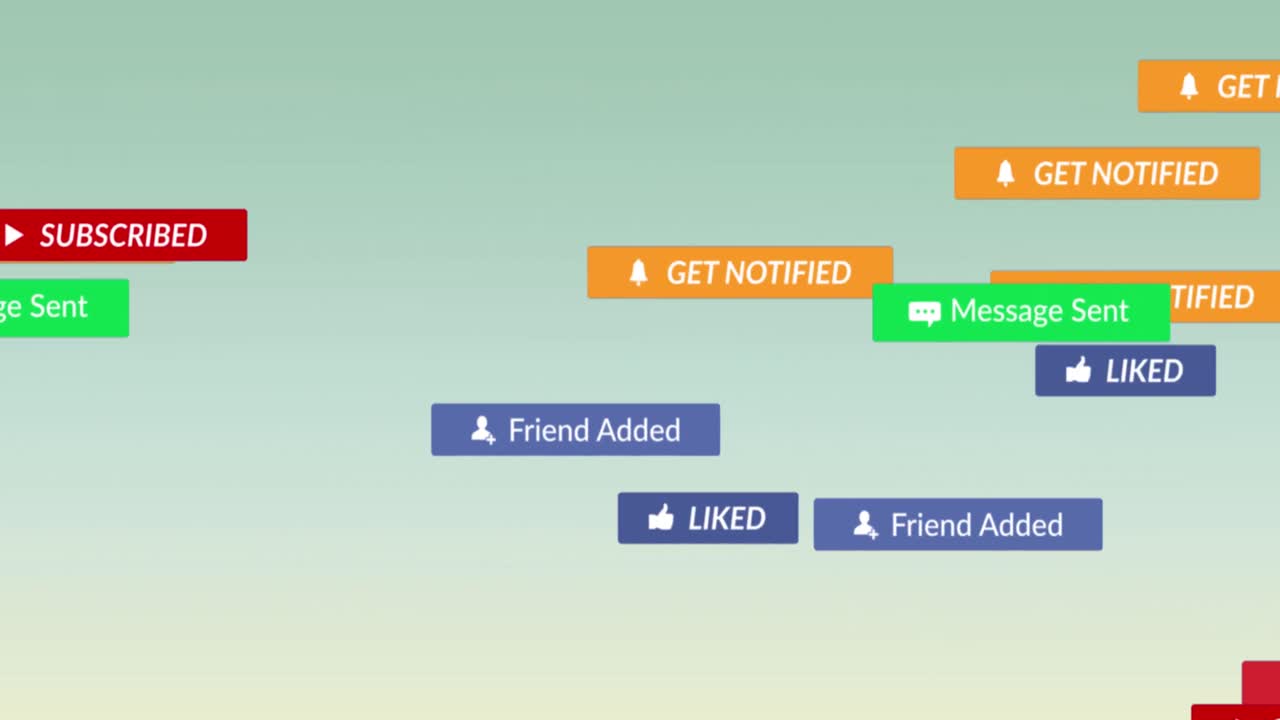 animación de iconos de medios que flotan sobre un fondo gris.