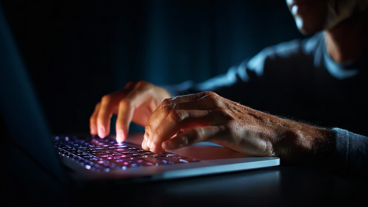 A focused individual typing on a laptop in a dimly lit environment, showcasing the intricate details of their hands and the illuminated keyboard, creating a sense of concentration and tech engagement