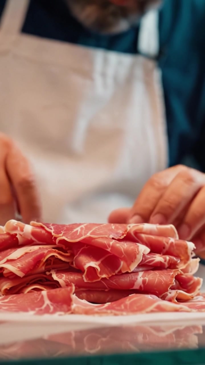 Creare prelibatezze: l'arte di preparare a mano salumi di qualità con precisione e cura da un artigiano esperto in uno spazio culinario moderno.