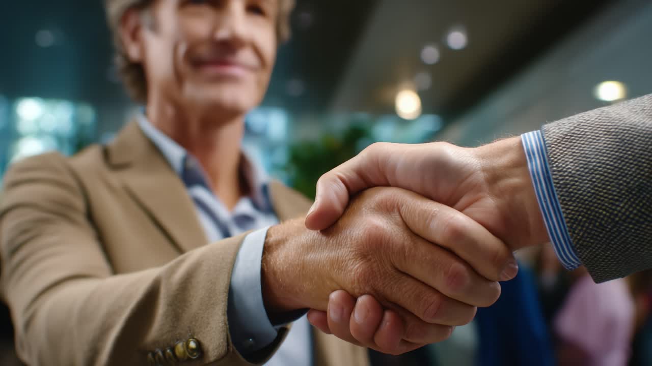 Una stretta di mano professionale indica un accordo di successo tra due partner in un ambiente aziendale, a dimostrazione di collaborazione e rispetto reciproco nelle loro interazioni.
