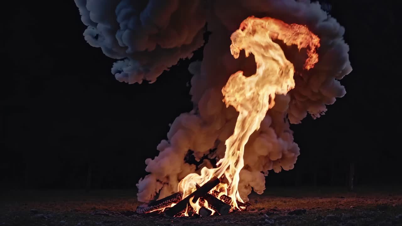 Dramatisk videooptagelse fra lav vinkel af et lejrbål med hvirvlende røg mod en mørk baggrund.