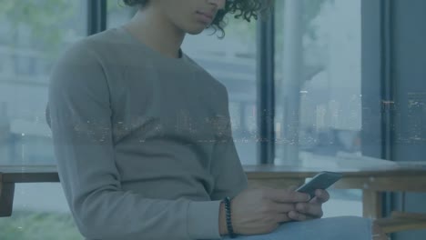 animación de un hombre usando un teléfono inteligente sobre el paisaje urbano